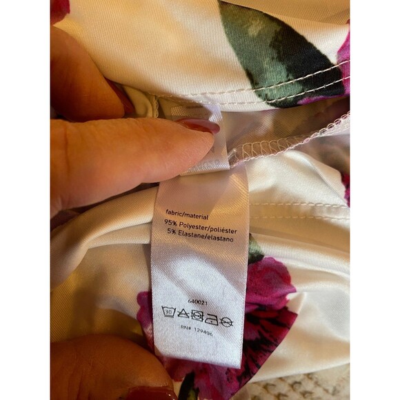 Venus Womans Blouse Sz Large Faux Wrap Floral Pink Fuchsia Stretch Belted Top - Picture 11 of 11